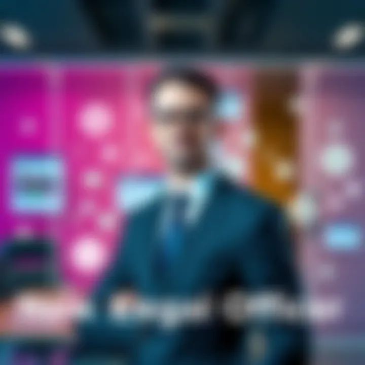 A professional individual in a suit representing Flexa's new Chief Legal Officer in an office setting with digital payment symbols in the background