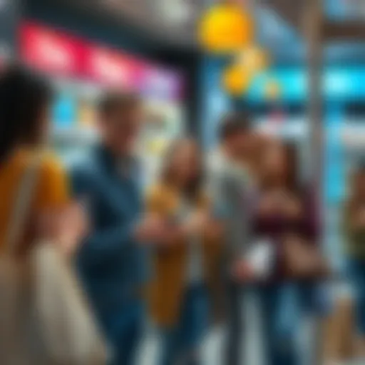 A group of happy shoppers using digital payment solutions at a local store, showing Flexa's new payment technology in action.