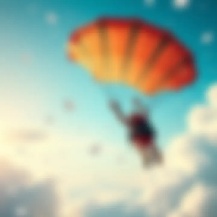 Flying Dreams of Diamonds A person in a parachute reaching for sparkling diamonds in a bright blue sky, looking hopeful yet disappointed.