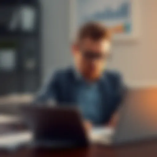 A determined individual working on a financial plan with a laptop and charts, symbolizing commitment to dollar-cost averaging.