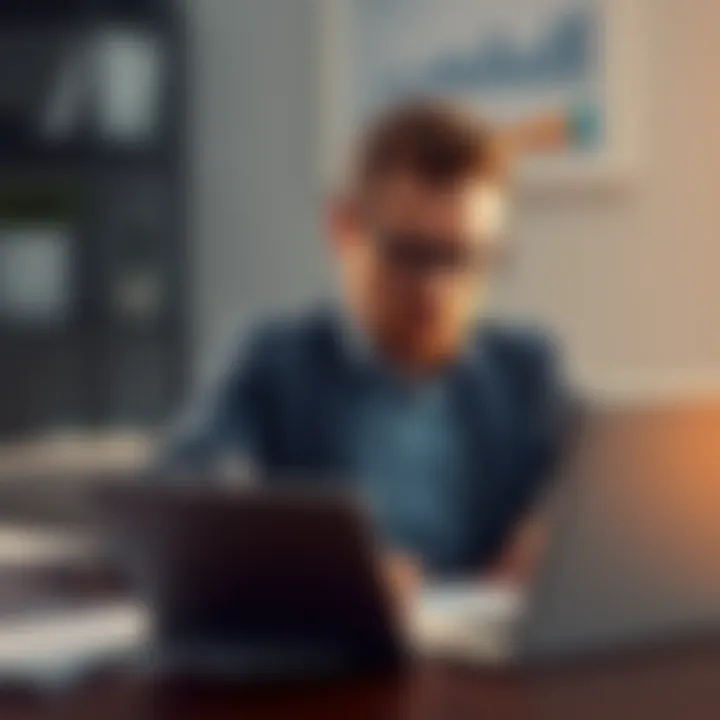 A determined individual working on a financial plan with a laptop and charts, symbolizing commitment to dollar-cost averaging.