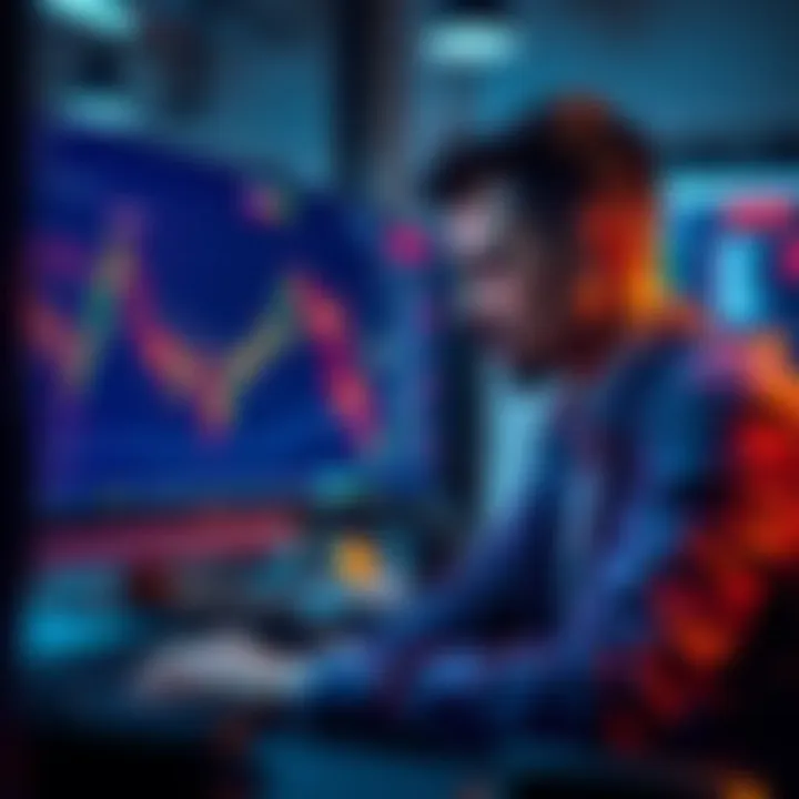 A trader analyzing charts on a computer screen, showcasing one specific crypto pair with a calm and focused expression