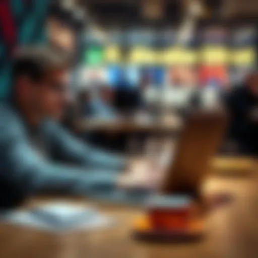 A person sitting at a desk, intently working on a laptop with a notepad and coffee nearby, symbolizing concentration in a busy environment.