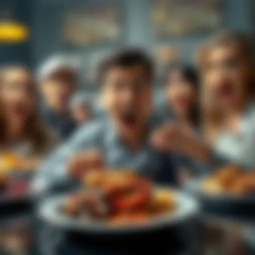 A group of food enthusiasts expressing shock and dismay over a culinary disaster, with plates of ruined food in front of them