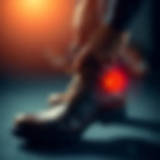 Individual experiencing foot pain from tight laces of worn boots