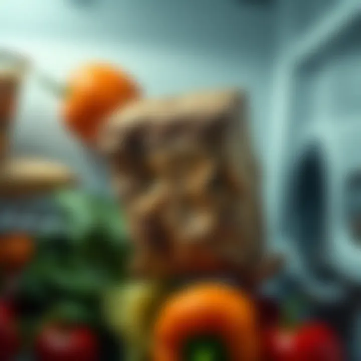 A close-up of an old, unidentifiable item sitting in a fridge, surrounded by fresh food, showing signs of neglect and time passing.