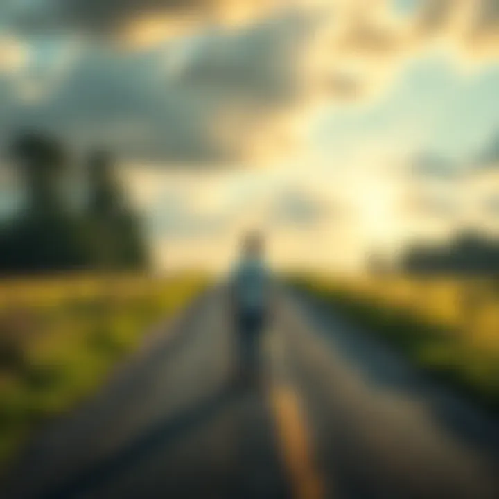 A person standing at a fork in the road, looking towards two distinct paths: one filled with challenges and the other leading to an explorer club, surrounded by nature.