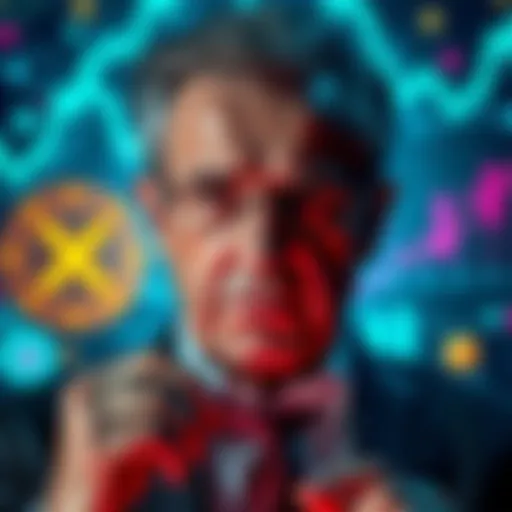 A former SWIFT executive discussing the XRP token, with a backdrop of digital currency graphics and a frowning expression, highlighting concerns over its value and technology.