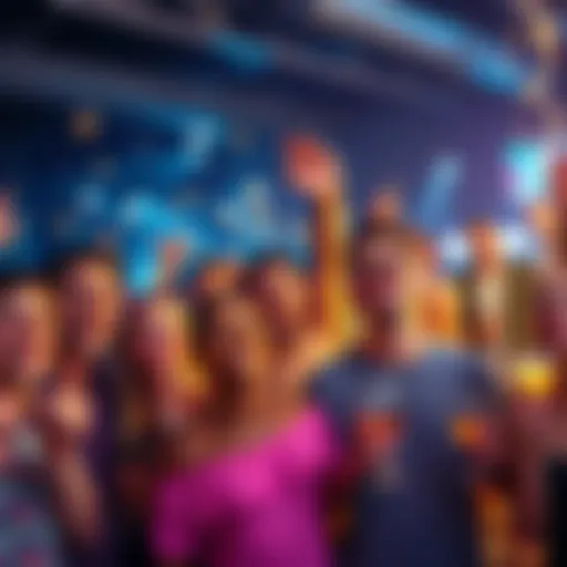 A diverse group of people enjoying a lively forum party, with joyful expressions and a festive atmosphere, highlighting Haters, Hodlers, and big spenders celebrating together.