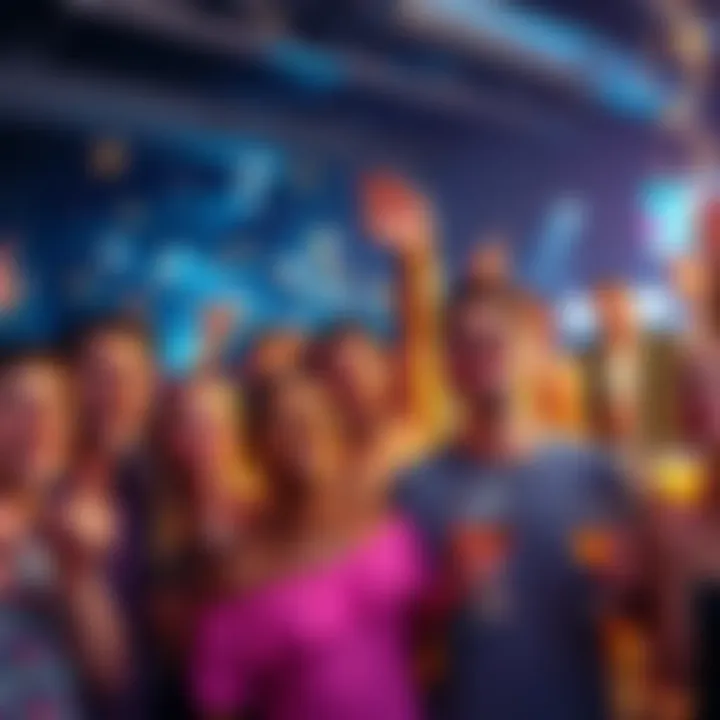 A diverse group of people enjoying a lively forum party, with joyful expressions and a festive atmosphere, highlighting Haters, Hodlers, and big spenders celebrating together.