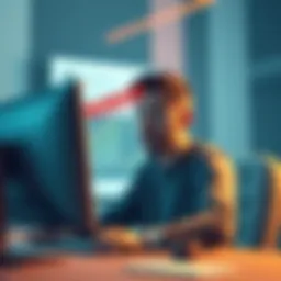 A person sitting at a computer, looking surprised as they read a deleted forum post about cryptocurrency, with a 'removed' stamp visible on the screen.