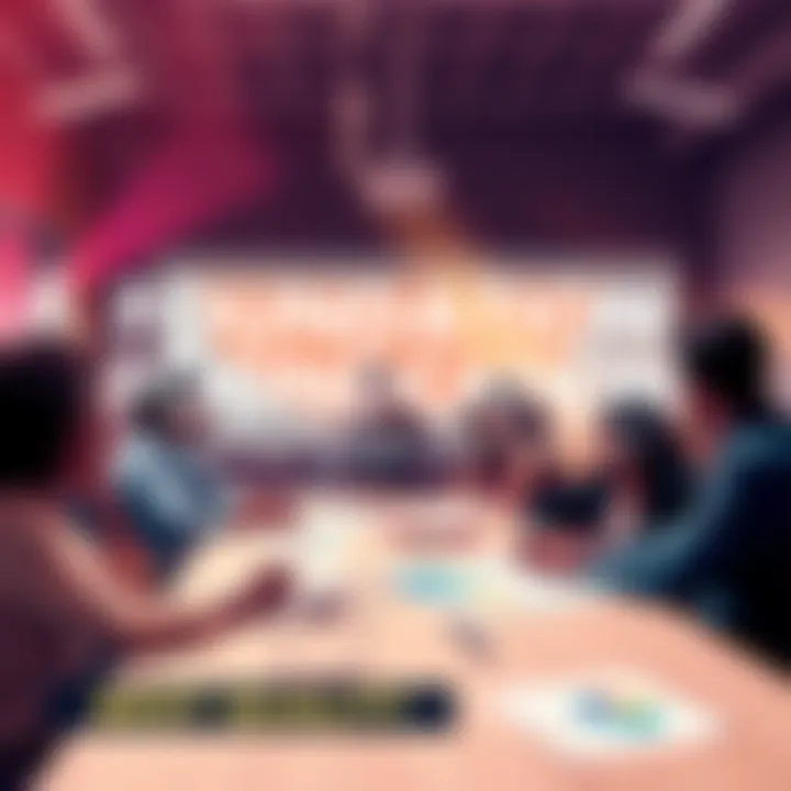 A group of people discussing updates in a community meeting, with charts and notes visible on the table, conveying excitement for progress and outreach.