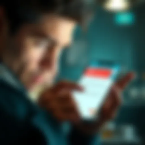 A frustrated customer looking at a smartphone with a bank app displaying an error message, symbolizing lost funds and poor support.