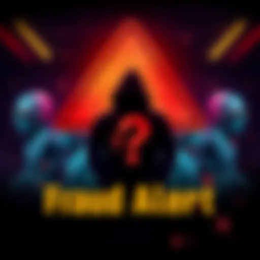 A warning sign indicating a scam, featuring silhouettes of two suspicious individuals, D.Wang and Steve Guo, merging into a shadowy figure with question marks around them.