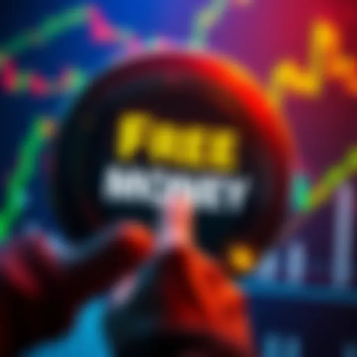 A person pressing a large button labeled 'Free Money' with financial charts in the background.