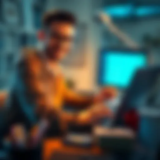 A freelance artist sits at a desk with a laptop, smiling as they check their crypto wallet. Payment options like credit cards and cryptocurrencies are visible on a screen.