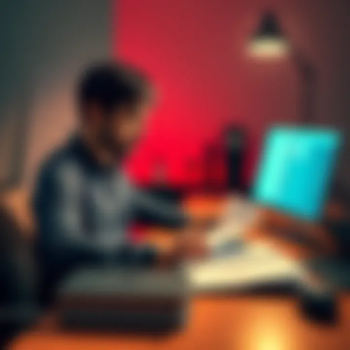 A freelancer organizing USDC income records with a laptop and paperwork on a desk