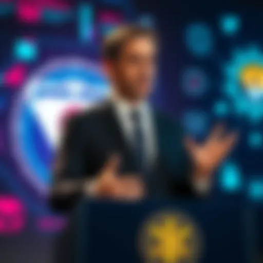 A French government minister speaks at a podium, emphasizing new strategies against crypto-related crime, with a background of security graphics.