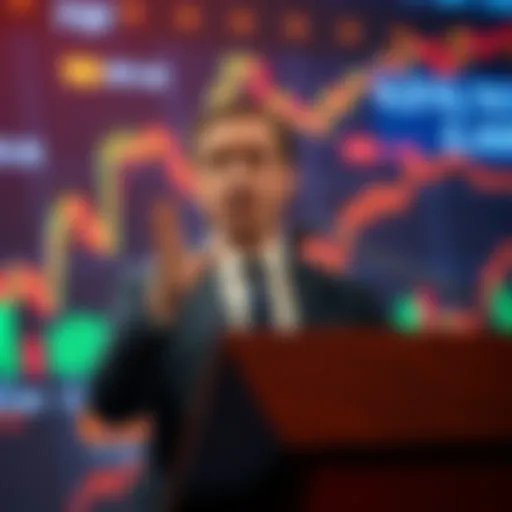 French Finance Minister speaking at a podium about euro-based stablecoins, with financial charts in the background.