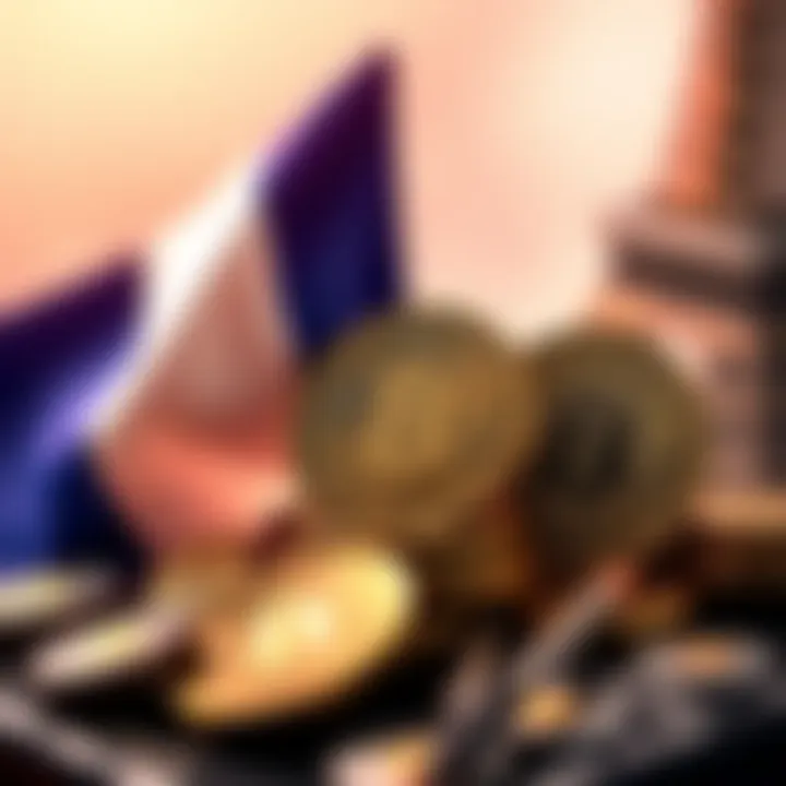 A graphic showing the French flag and coins with cryptocurrency symbols, representing the new tax proposal on crypto wealth.