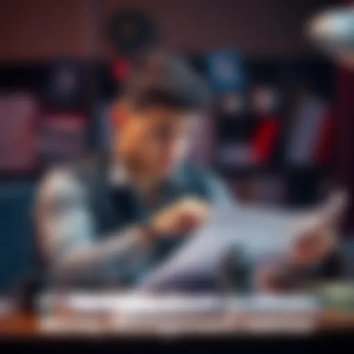 A young man sits at a desk looking worried while reviewing financial documents and bills, searching for money management advice.
