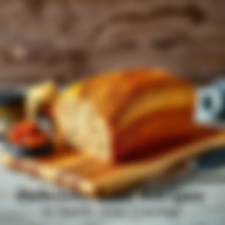 Freshly baked loaf of bread A warm, golden-brown loaf of bread cooling on a wooden board, surrounded by different types of spreads and a loaf cutter