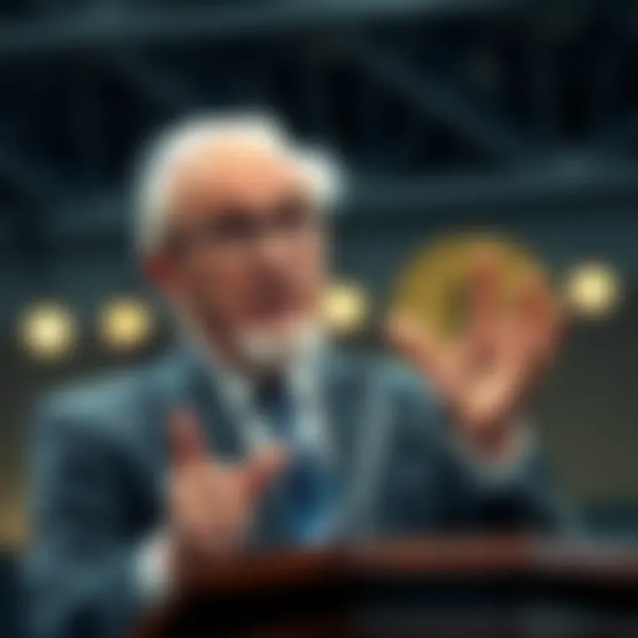 Friedrich Hayek speaks at a podium about currencies and government control.