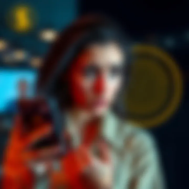 Friend questioning investment A woman looking concerned while holding her phone, with a Bitcoin logo and a dollar sign in the background, symbolizing investment worries
