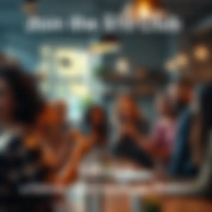 A diverse group of people happily interacting in a community space, sharing ideas and enjoying each other's company.