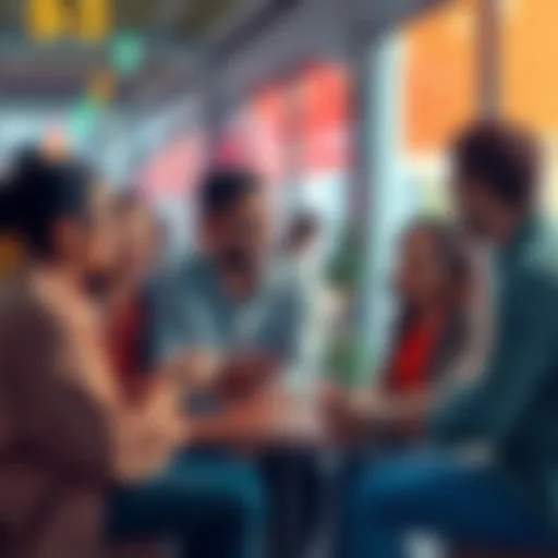 A group of friends discussing the meaning of 9-3 in a lively setting