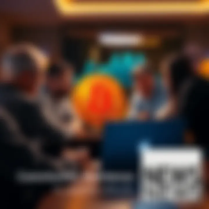 A group of friends sitting around a table, looking at a laptop with Bitcoin information on the screen, engaging in conversation about cryptocurrency.