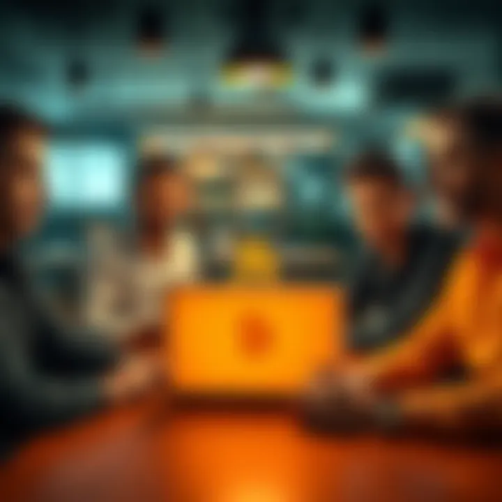 A group of friends sitting around a table, looking at a laptop and having a serious discussion about Bitcoin investments.