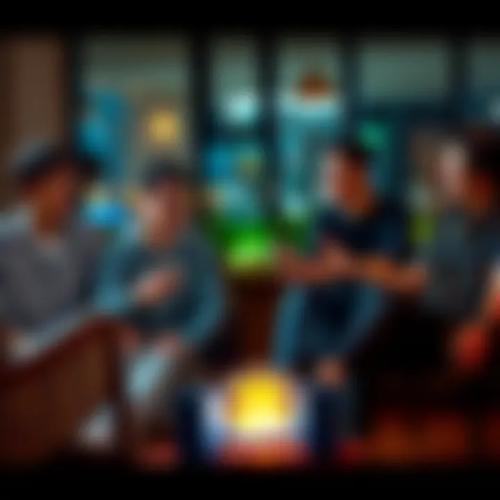 A group of young friends sitting in a casual setting, talking animatedly about technology and cryptocurrency, with a focus on one person explaining Jasmy as more than a meme coin.