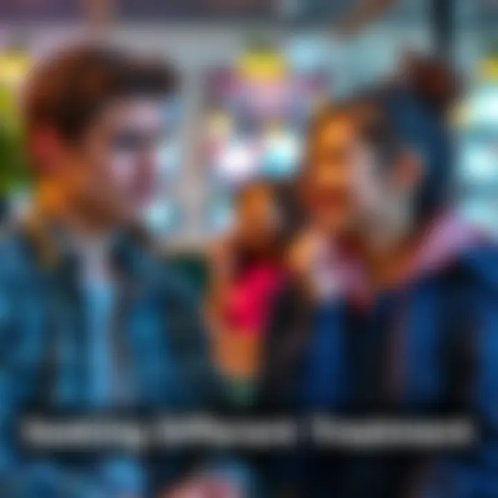 A young person looking frustrated while talking to a kind girl who is smiling and showing affection