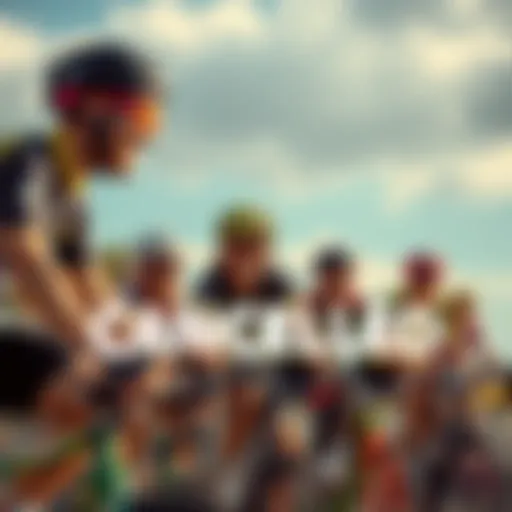 A group of friends on bicycles, laughing and enjoying each other's company during a cycling event.