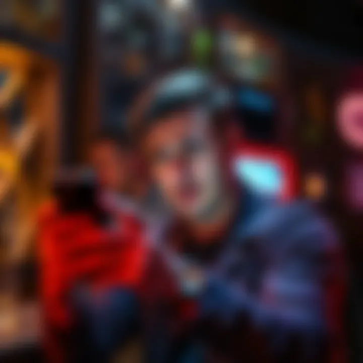 A person looking frustrated while holding a smartphone, with a bar setting in the background.
