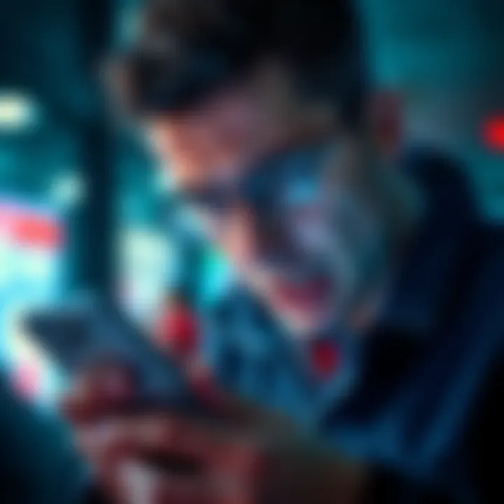 A frustrated customer looks at their phone, showing a Revolut app with account frozen message, emphasizing their financial distress.