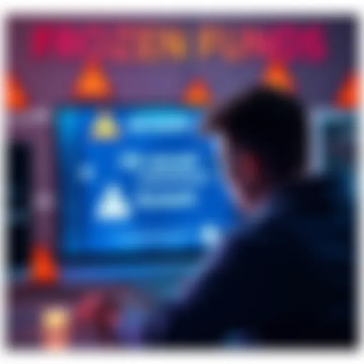 A graphic showing a worried person looking at a frozen account on a computer screen with warning signs around them.