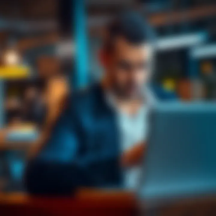 A business owner looks concerned while checking their laptop for account updates, reflecting disappointment after being rejected for a Revoult business account.