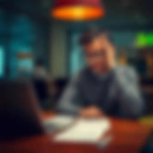 A frustrated customer sitting at a table with a laptop and papers, looking upset while reviewing emails from the bank