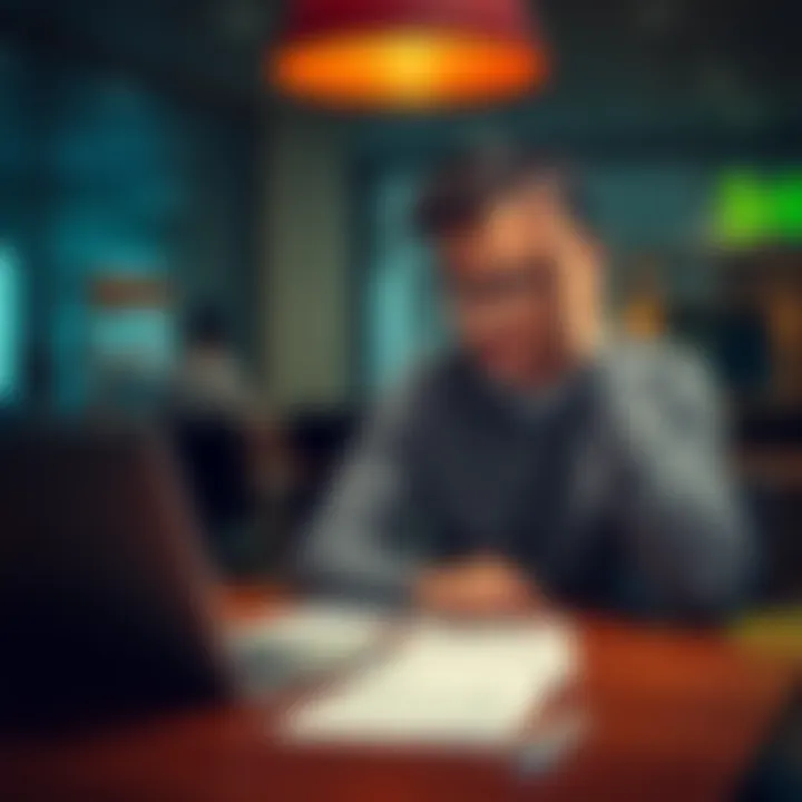 Frustrated customer at a bank A frustrated customer sitting at a table with a laptop and papers, looking upset while reviewing emails from the bank