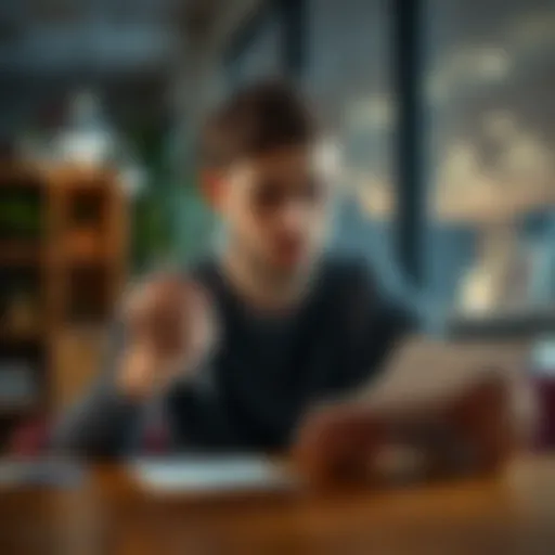 A person sitting at a table, looking frustrated while holding a credit card application form and a pen.