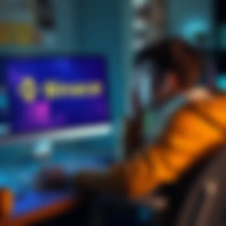 A young adult sitting at a desk, looking frustrated while staring at a computer screen displaying the Binance logo