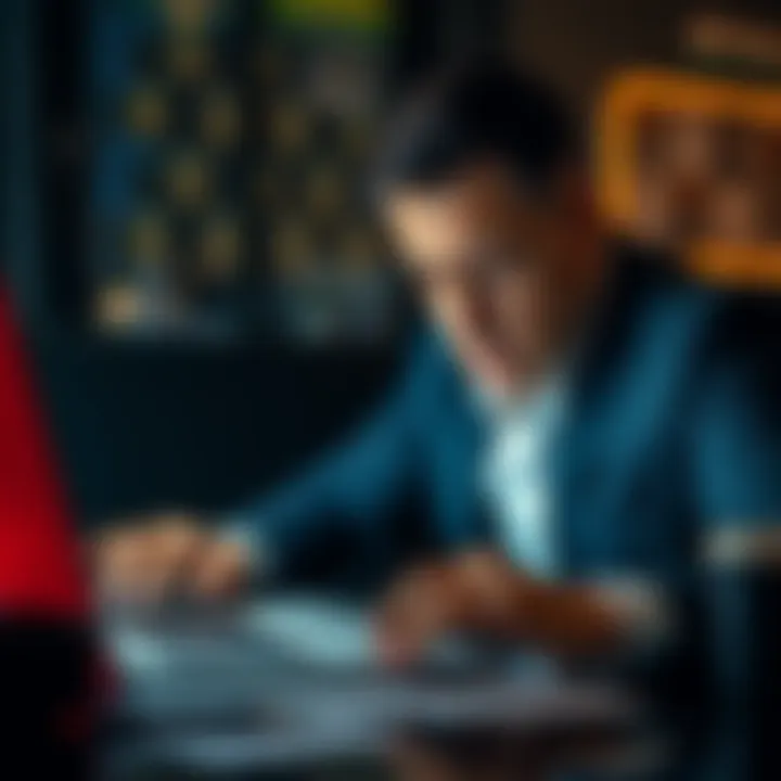 A business person looking stressed while checking their laptop, with a visual of a frozen account notification on the screen.