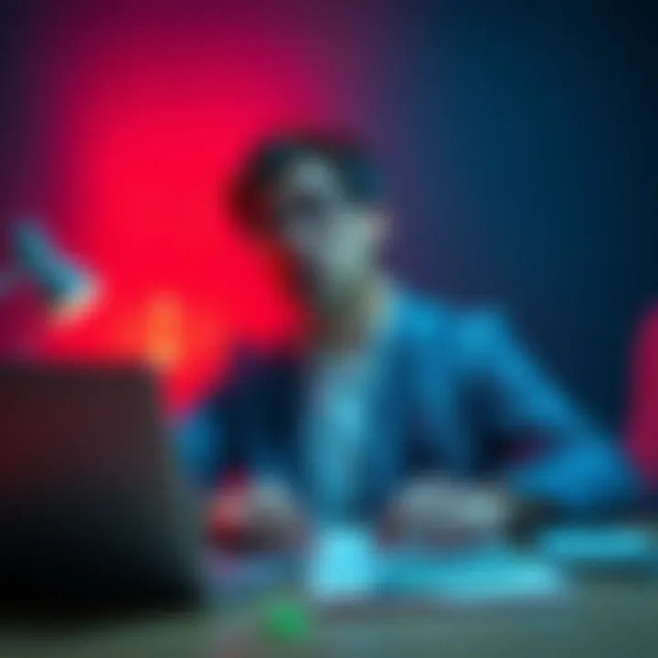 A frustrated businessman sits at a desk with a closed laptop, looking confused and worried about his closed Revolut business account.