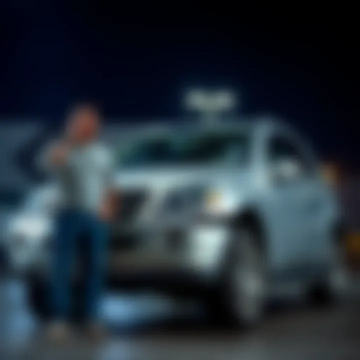 A person stands next to a 2008 Mercedes ML63 AMG pointing to visible oil leaks and broken parts, showing frustration over the vehicle's condition.