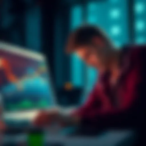 A frustrated investor looking at a declining crypto chart on a laptop, holding their head in disappointment, with tokens displayed on the screen.