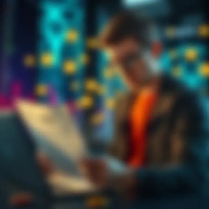 A young trader looks frustrated while reading a document about KYC requirements on a laptop, surrounded by cryptocurrency symbols.