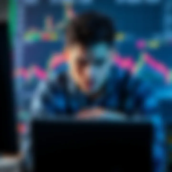 A trader looking stressed while staring at a locked trading screen on a computer, symbolizing inability to access crypto trading.