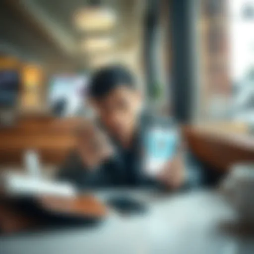 A person sitting at a cafe table, looking frustrated while holding a phone with customer support on the screen, with an empty wallet and a closed account notice nearby